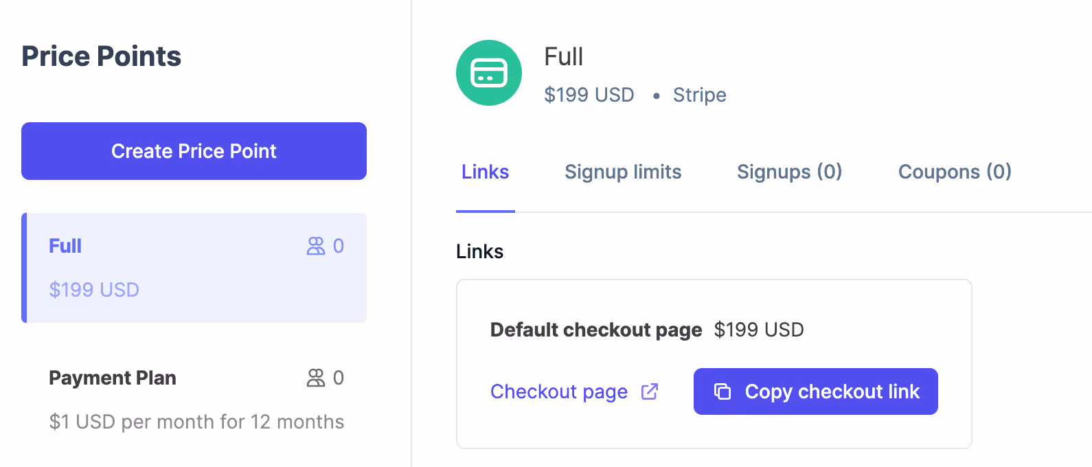 Ruzuku payment configuration showing pricing options with Stripe and PayPal integration